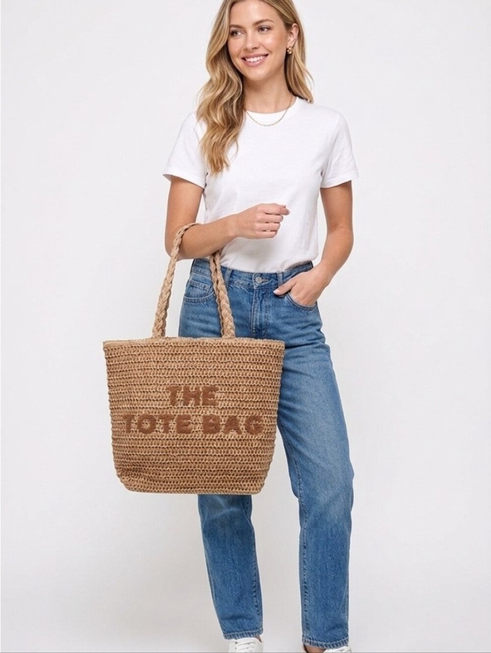 Straw Woven The Tote Bag ~ Beige Or Mocha - Picture 2 of 5